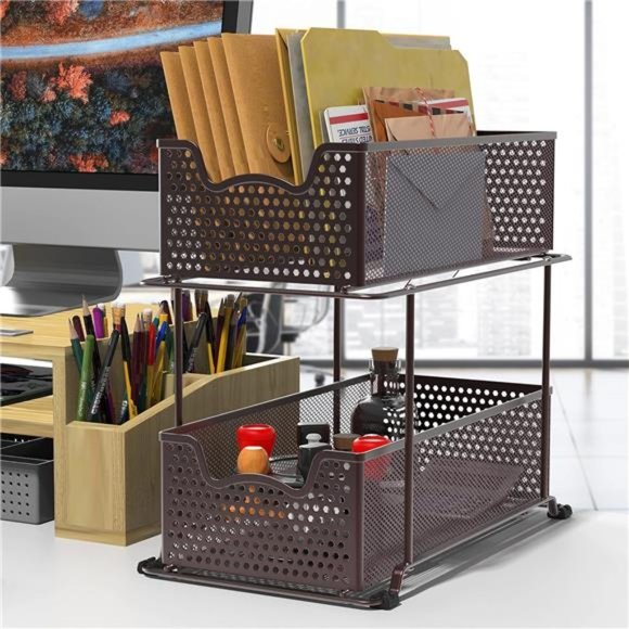 2 Tier Sliding Cabinet Basket Organizer Drawer, Bronze - Picture 5 of 7